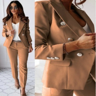 Casual Blazer Suit Slim Lapel Double-breasted Jacket And Zip-up Trousers Women's Clothing