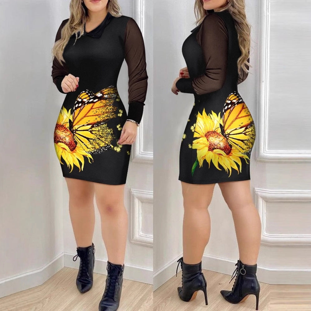 Womens Mesh Long-Sleeve V-Neck Slim-Fit Printed Dress